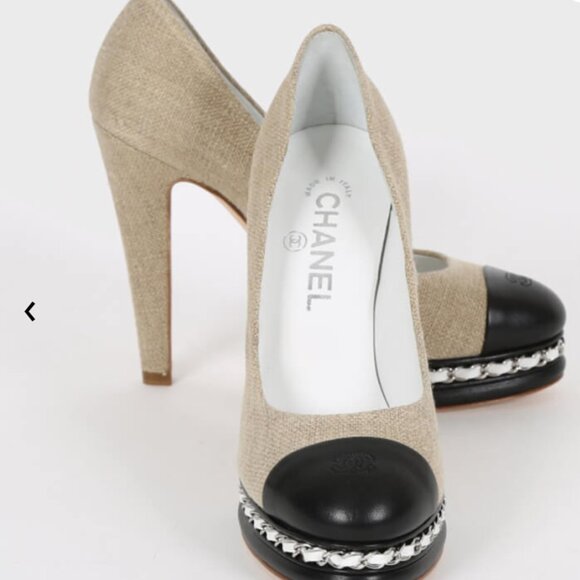 CHANEL Shoes - CHANEL 2015 Interlocking CC Logo Pumps Tan Black Toe Cap Heels